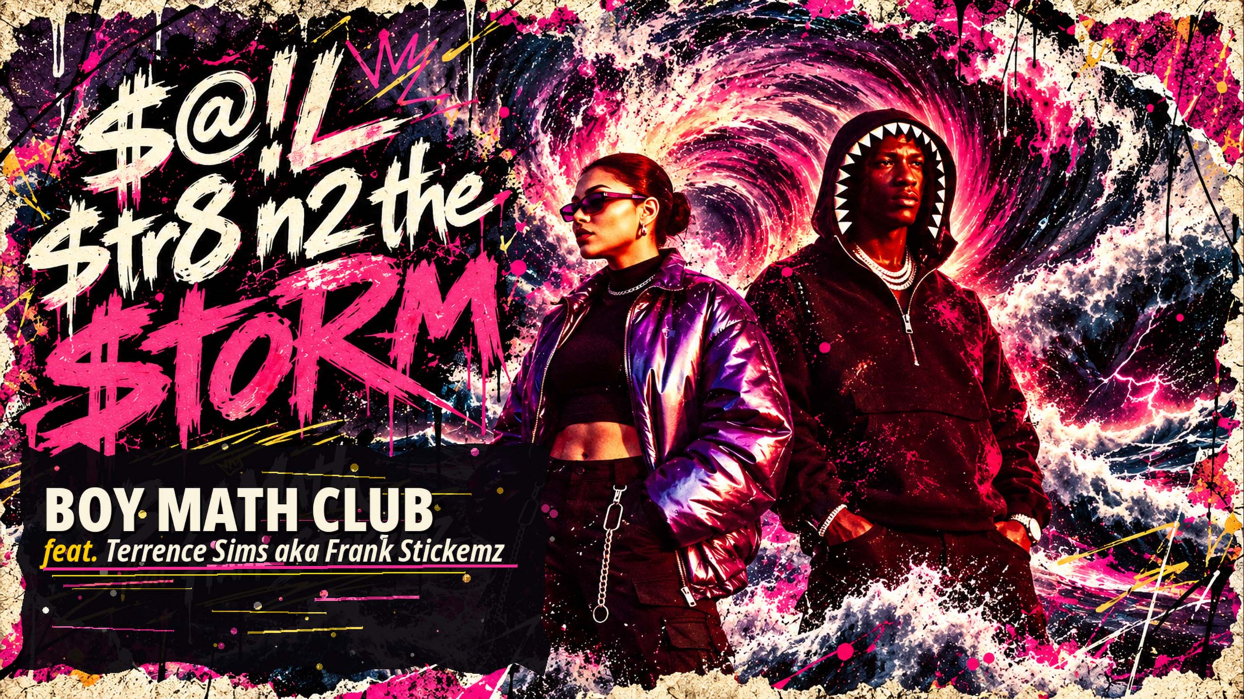 Sail Straight into the Storm — Boy Math Club featuring Terrence Sims aka Frank Stickemz. Pink, black and cream artwork with two performers against a crashing wave.